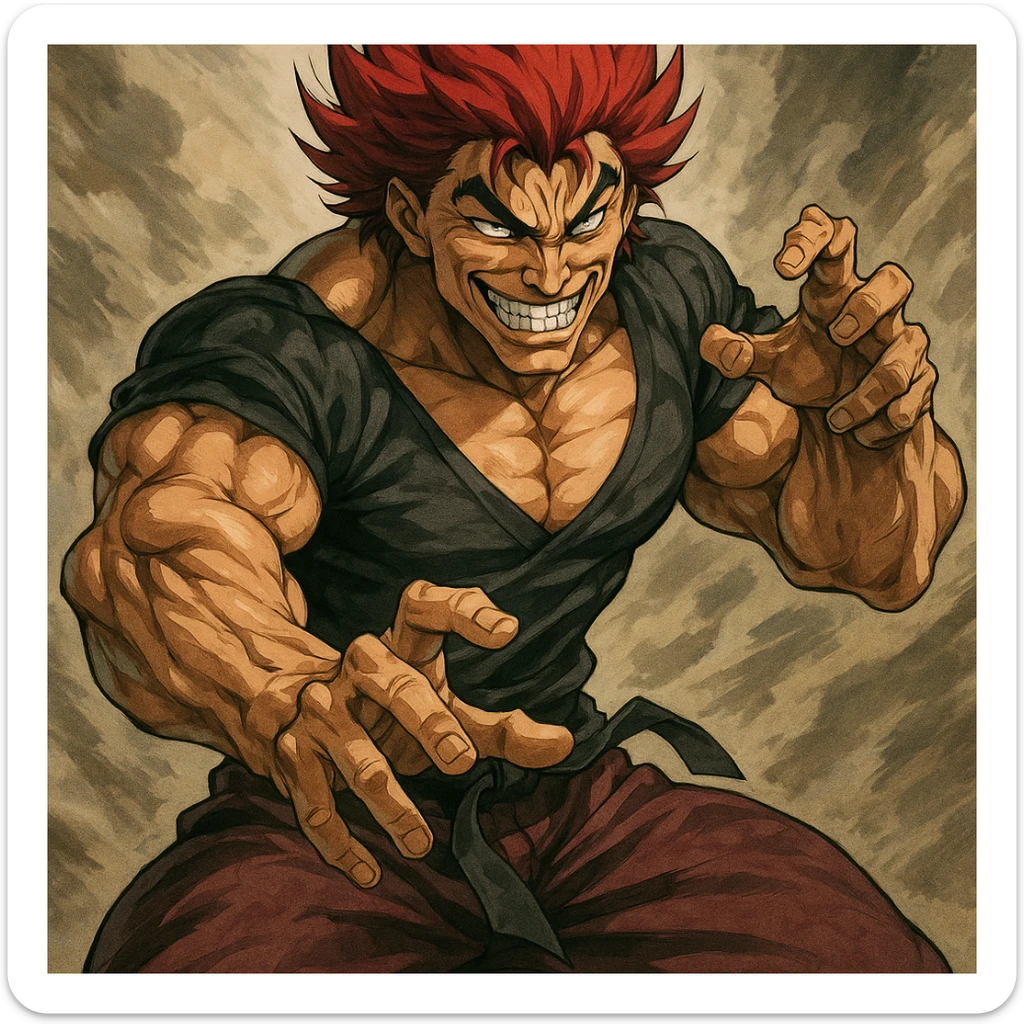 Yujiro Hanma, muscular anime character with red spiky hair, menacing grin, martial arts pose, style 1 sticker