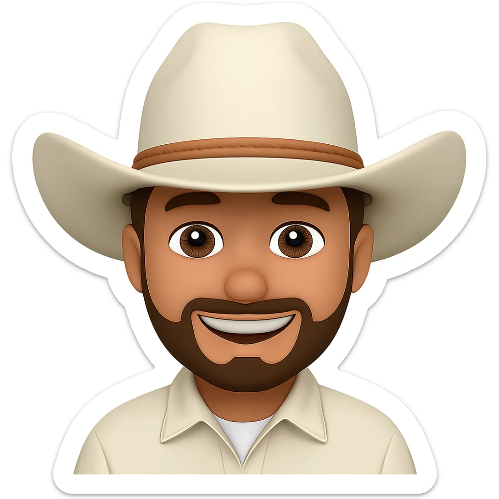 Edit the image to depict a man with a brunette goatee, tanned skin, wearing a white cowboy hat, smiling, in the style of emoji. Remove the background completely. sticker