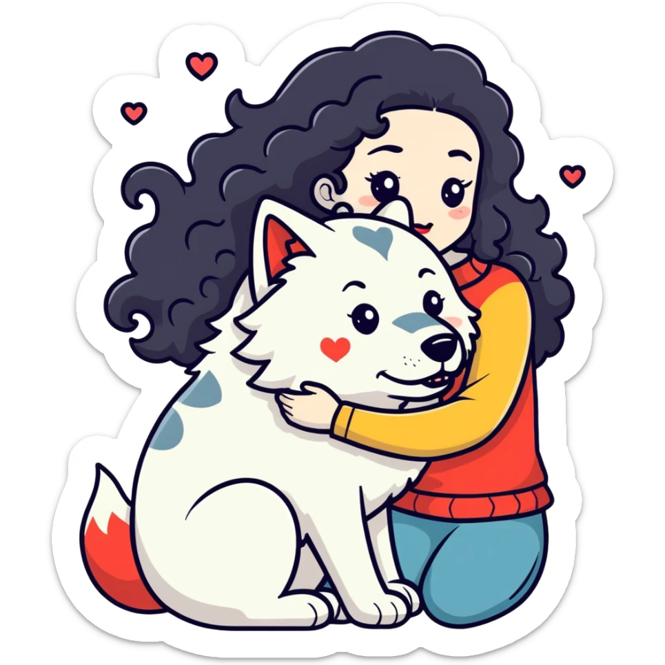 Black curly hair white skin girl hugging one big wolf with hearts above them sticker