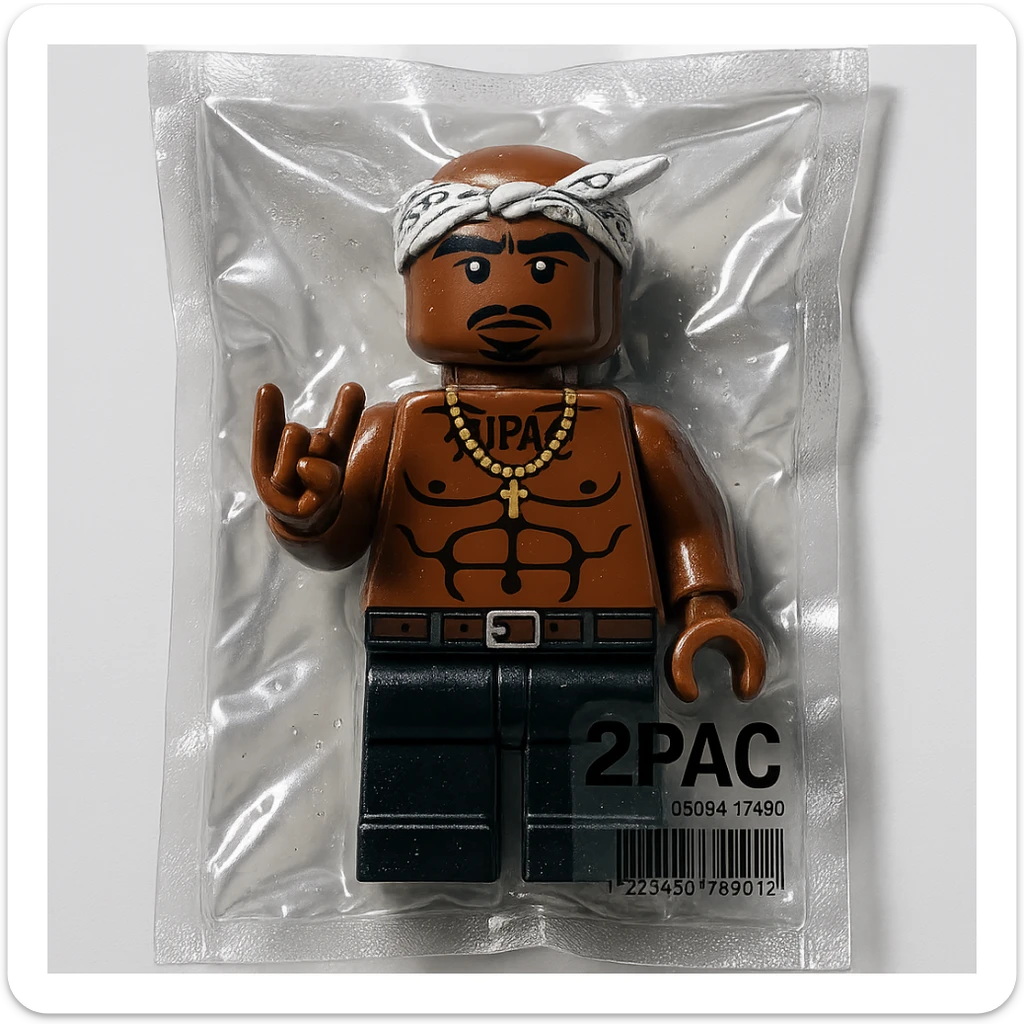 Lego minifigure of 2Pac, with signature bandana and West Coast style, glossy sticker