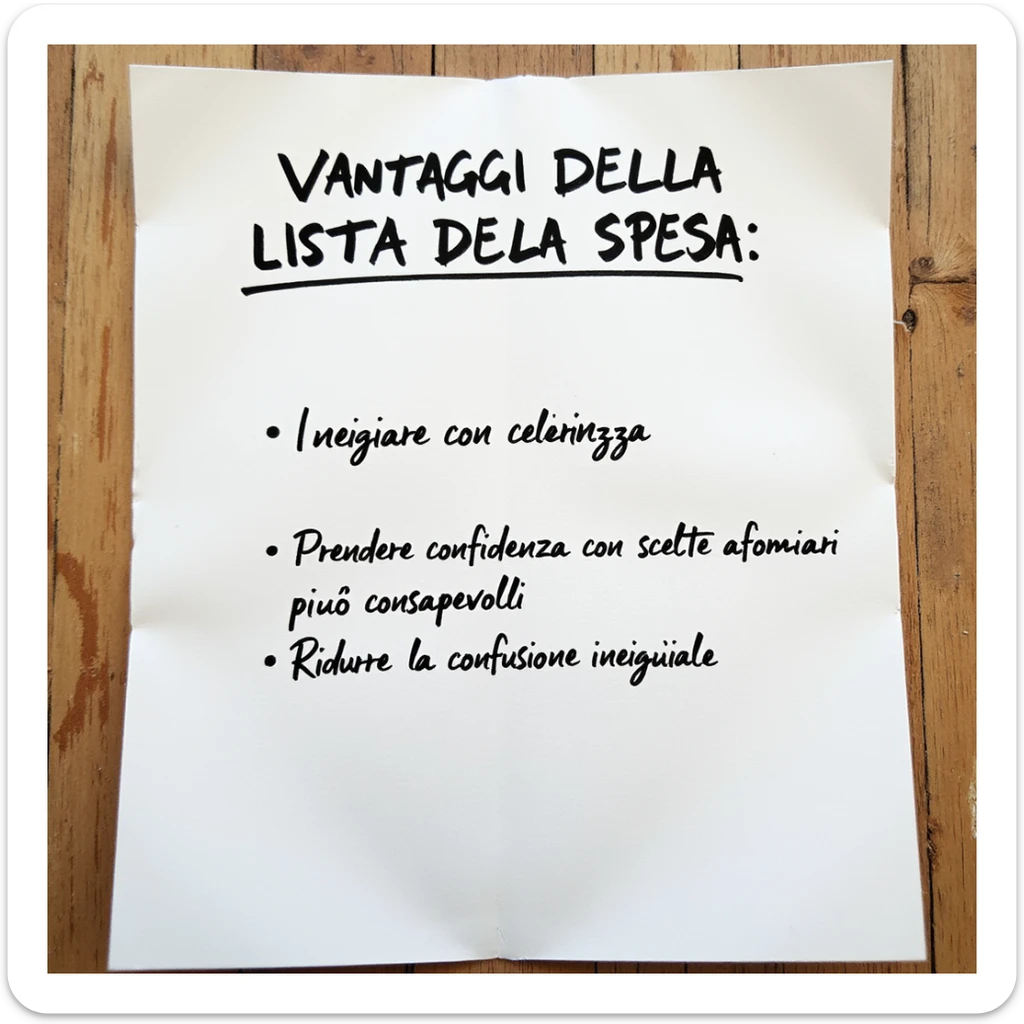 top view of a sheet of paper with handwritten text in pen: 'VANTAGGI DELLA LISTA DELLA SPESA: - Iniziare con chiarezza - Prendere confidenza con scelte alimentari più consapevoli - Ridurre la confusione iniziale', hyperrealism 4K, no background sticker