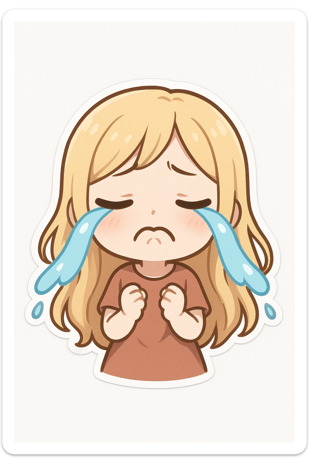 cute animated girl with long blonde hair, sad face, crying with cartoon tears, mouth downturned, plain white background sticker