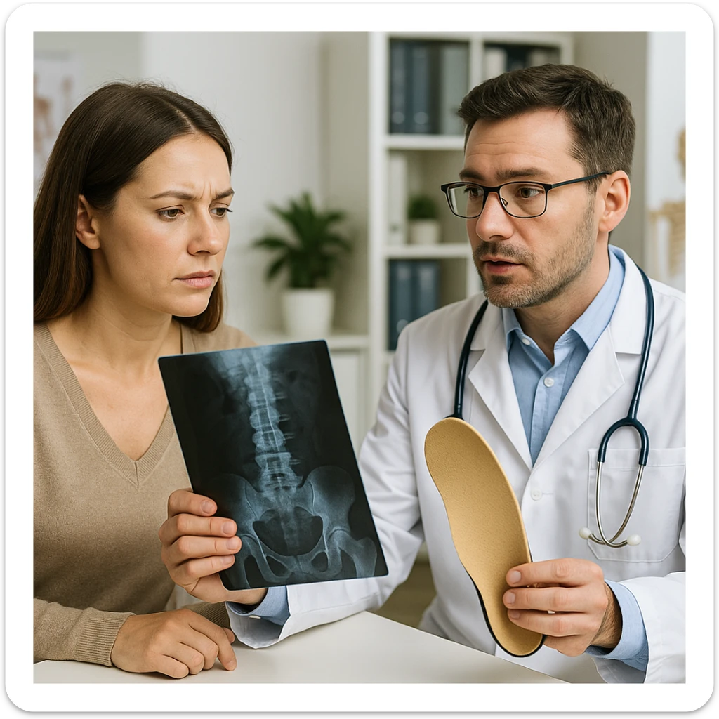 Realistic 4K image of a woman consulting an orthopedist who is showing an X-ray, showing an orthotic insole and explaining her postural problems, professional medical environment. sticker
