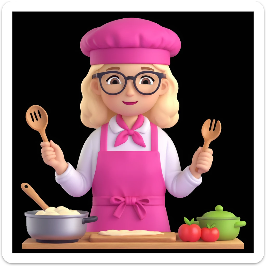 a girl with glasses and a pink kitchen hat cooking, 3D cartoon style sticker