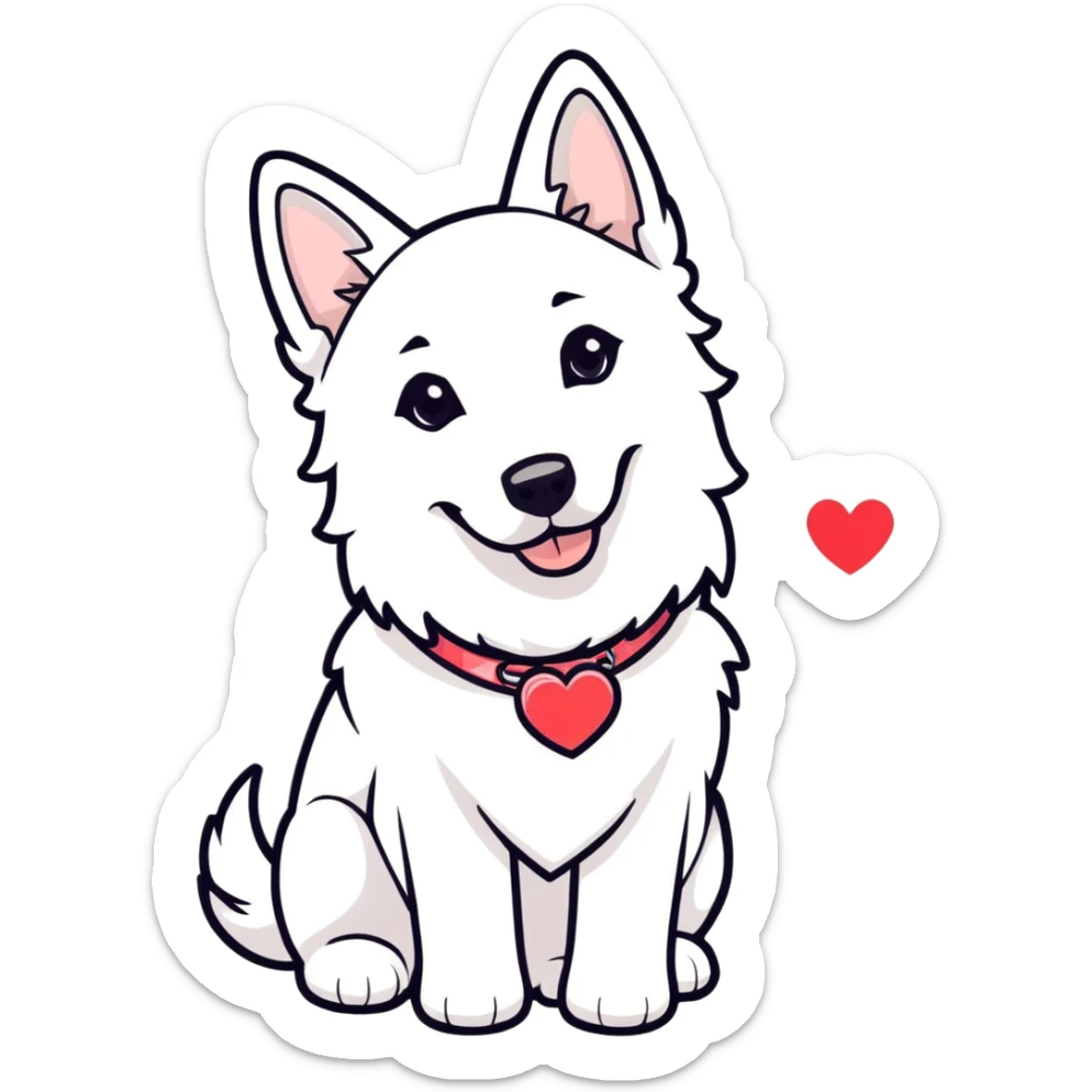 white Swiss Shepherd dog with a Glitter collar . over the Dog ist a heart sticker
