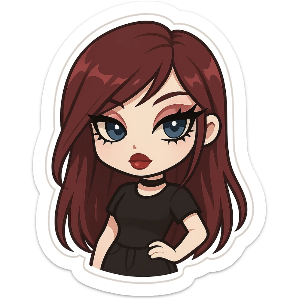 pretty emo girl, burgundy long hair, pale skin, blue eyes, strong lashes and eyeliner, bratz baddie aesthetic sticker