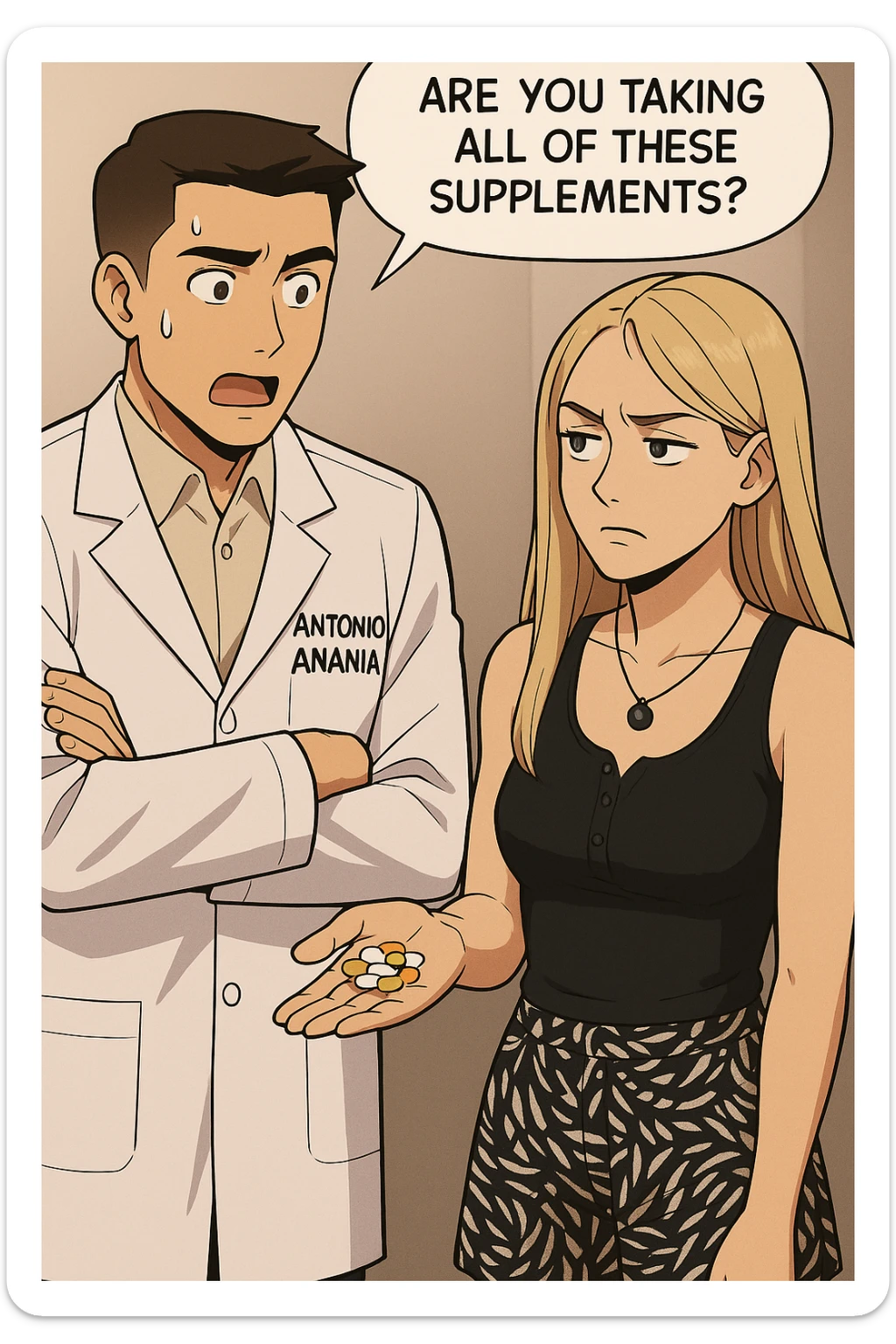 fai un webtoon/manga a colori con questo kinesiologo in camice bianco (fagli la scritta "ANTONIO ANANIA" SUL CAMICE) CHE PARLA CON QUESTA RAGAZZA. LA RAGAZZA HA UN PUGNO DI INTEGRATORI IN MANO (TANTE PILLOLE DIVERSE) E LE GUARDA DUBBIOSA. IL KINESIOLOGO CON IL CAMICE BIANCO LE DOMANDA UNA COSA SCIOCCATO. NON FARE I FUMETTI, FAI SOLO LORO COME SE DIALOGASSERO sticker