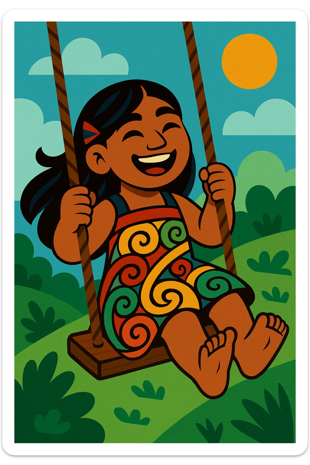 A Maori girl with long dark hair, swinging on a wooden swing, smiling, with a koru pattern on her dress, stylized and colorful sticker