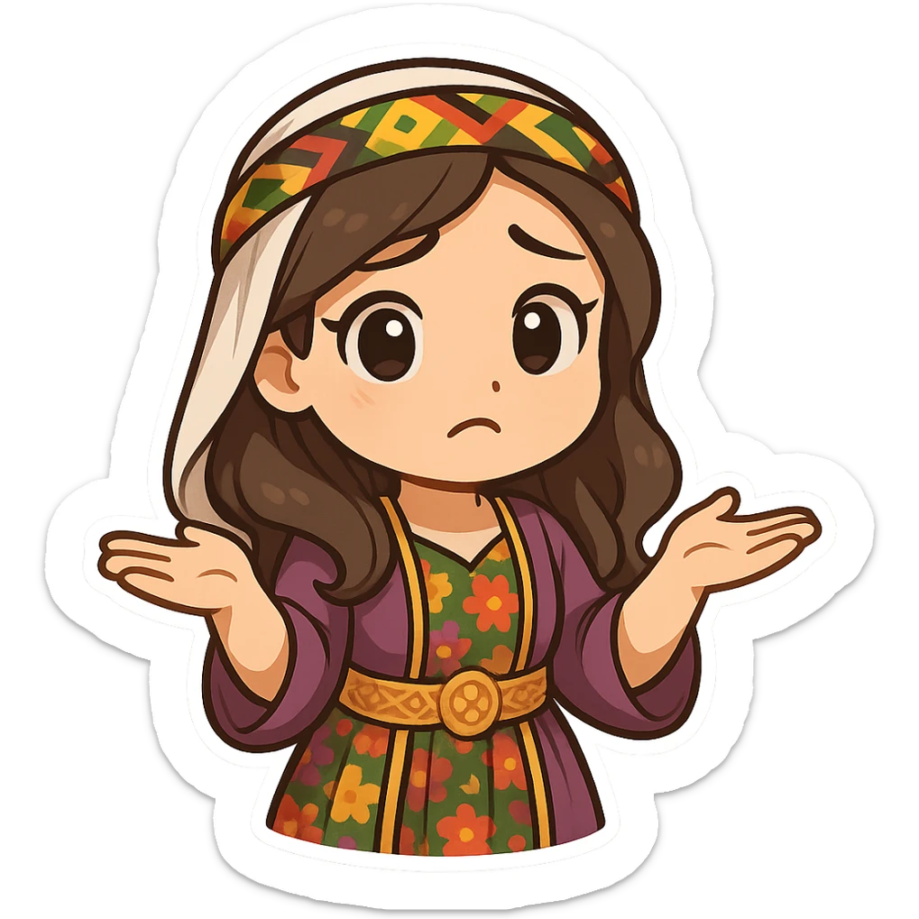 Kurdish woman in a new dress, shrugging shoulders with palms up, confused or 'I don't know' expression, no text sticker