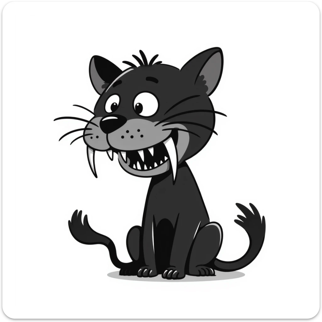 sketch of a saber-toothed cat with gigantic canine teeth four times longer than its entire body, extremely exaggerated tusks sticker