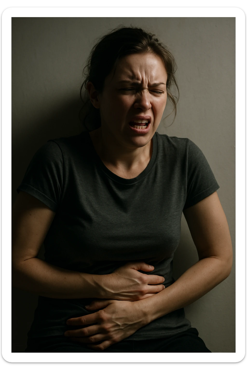 realistic and cinematic image of a woman with severe cramps and irritability from premenstrual syndrome, realistic details, clinical dramatic lighting, no text, vertical format 2:3 sticker