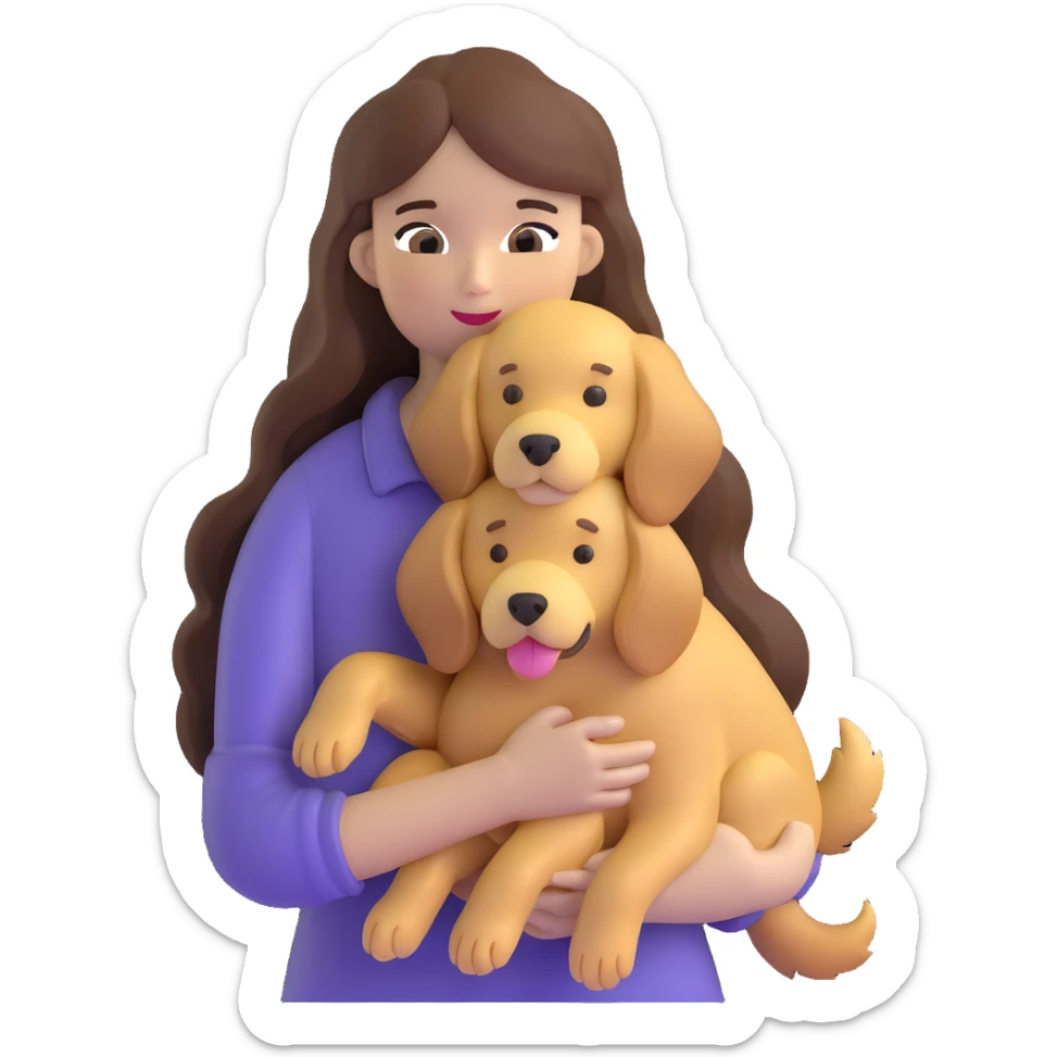 woman with long brown hair holding a golden retriever dog in her arms sticker