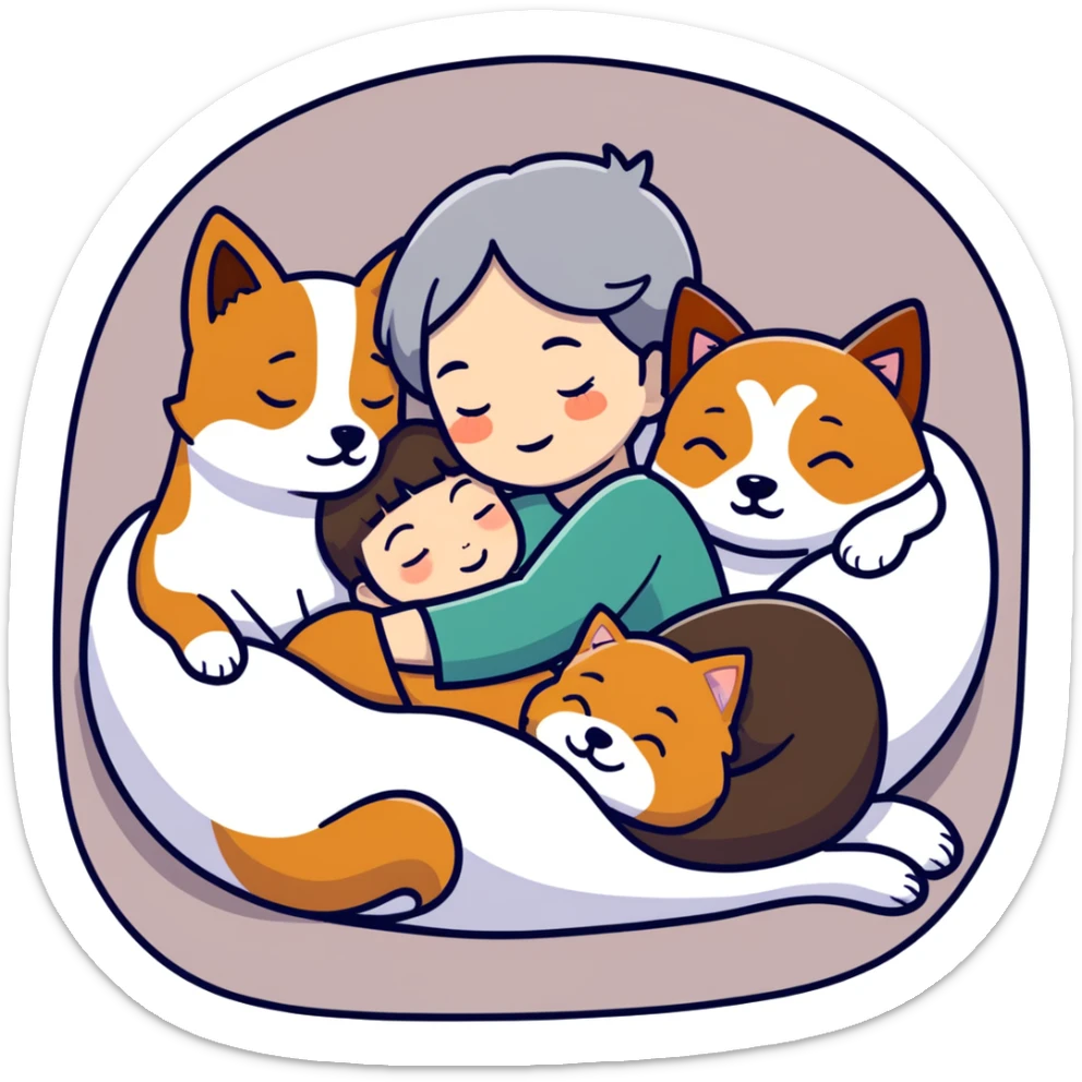 Create a short hair gray hair girl and a brown hair boy sleeping cuddling with a shiba and a Yorkshire terrier and a jack Russel terrier  sticker