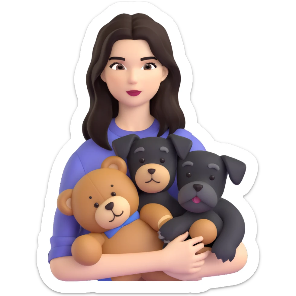 Kendall Jenner with long dark hair, holds a brown teddy bear and a black schnauzer sticker