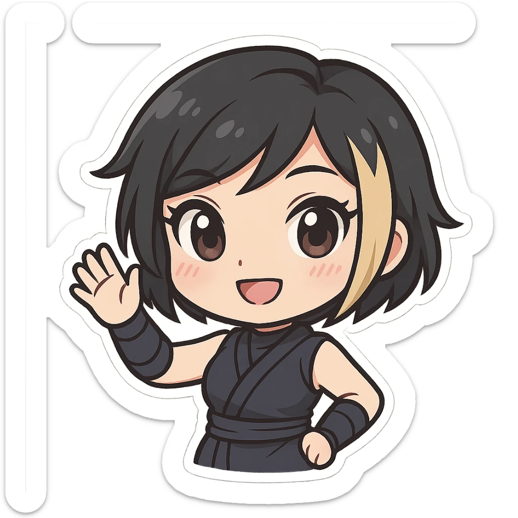 Chibi ninja girl with black short hair and a blonde streak, big head, small body and arms, not overly round or infant-like, cute and playful, anime-style face with large expressive eyes, small nose and mouth, subtle blush, hand fully raised, waving to the left, smiling, pastel colors, soft shading, clean outlines, no mask, transparent background, face looks sexy with slightly parted lips, confident gaze, longer lashes, subtle contouring, for animation frame 1 sticker