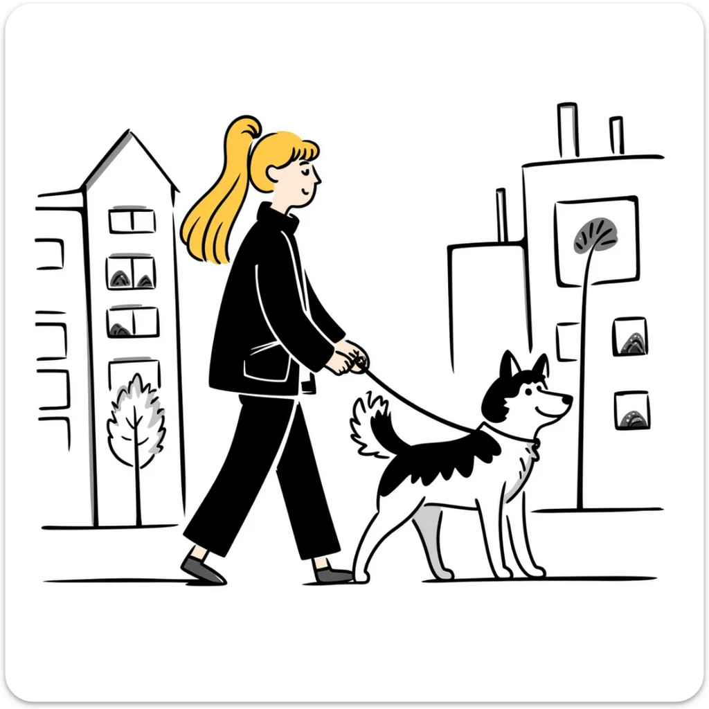 Blonde woman walking a happy Siberian husky in New York City on an upper east side city sidewalk  sticker