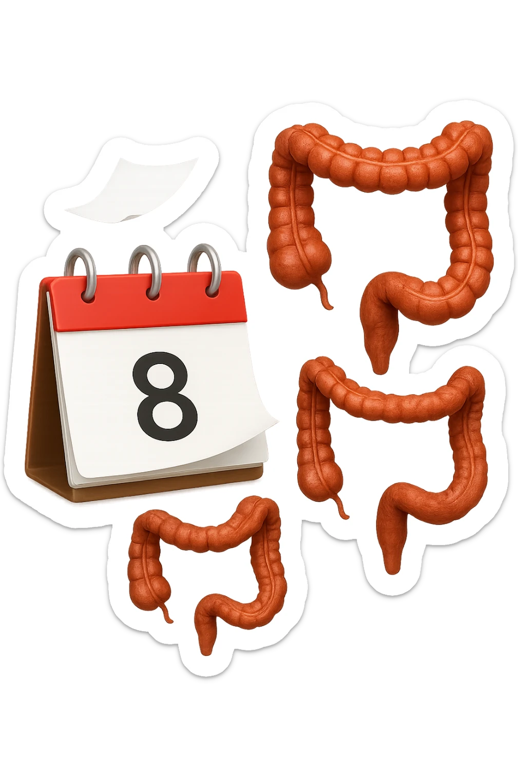 emoji stile iphone di un calendario con fogli che volano insieme a pezzi anatomici di colon umano, iperrealistico 4k, isolato su sfondo bianco sticker