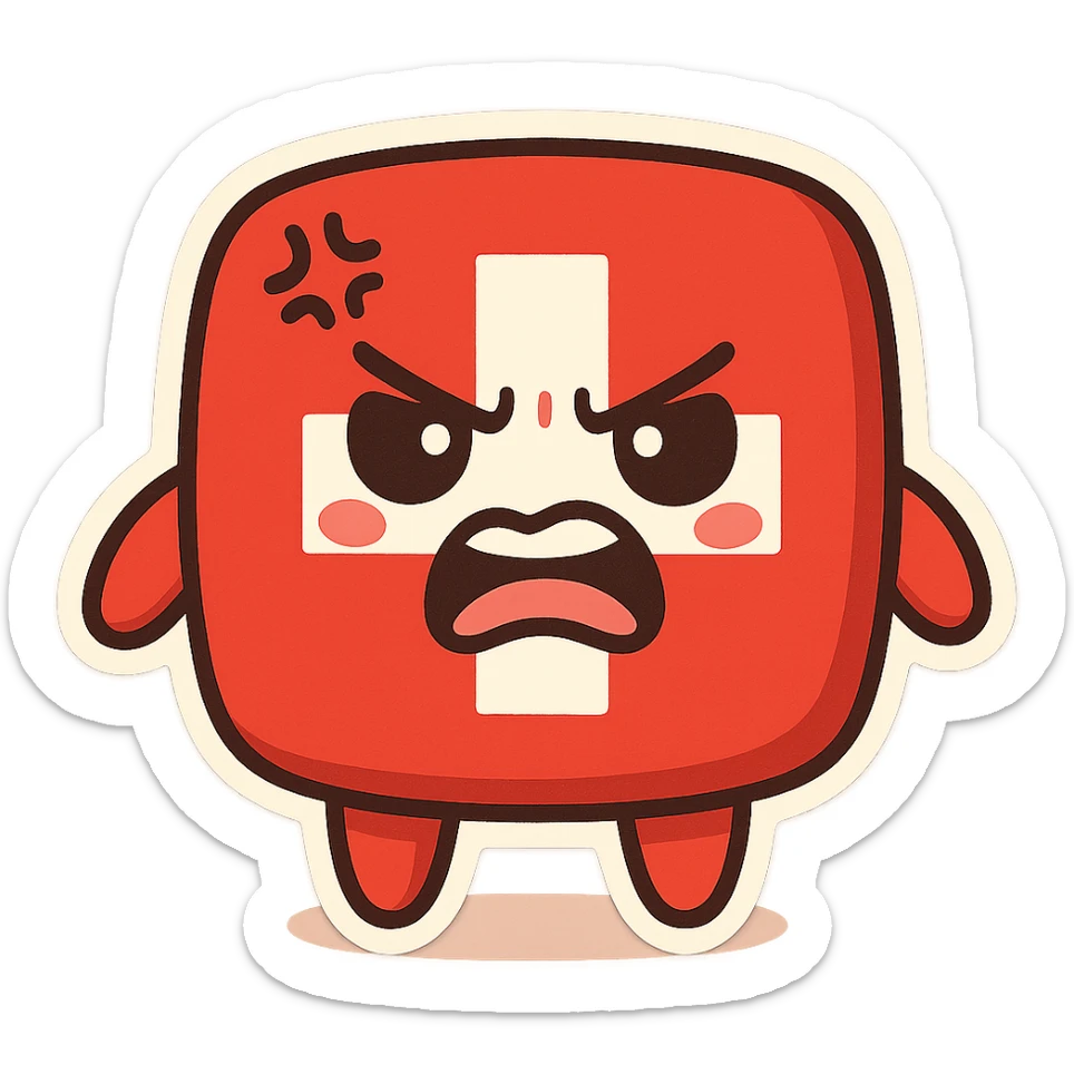 an angry Swiss flag with an expressive face, bold red and white colors, cartoon style sticker