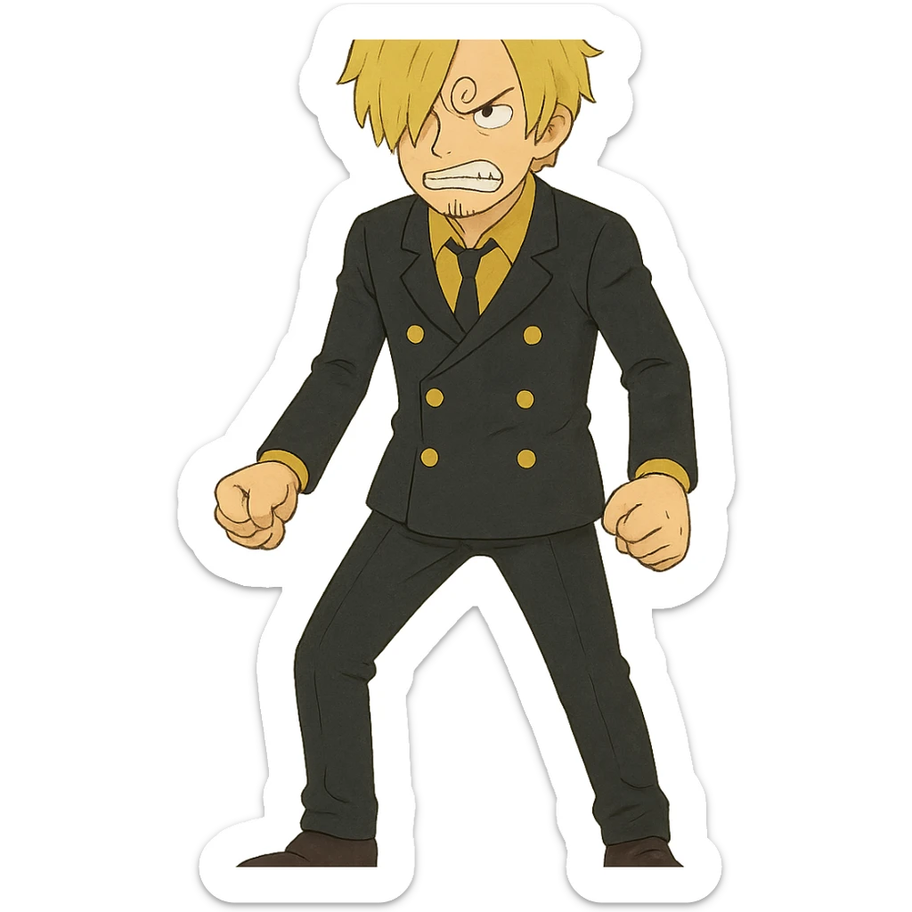 Sanji from One Piece, anime style, angry expression, full body, curly eyebrow, blond hair, black suit, clenched fists sticker