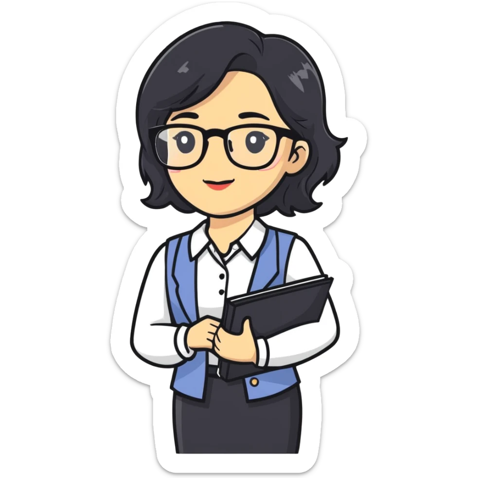 female teacher with semi-wavy black hair, light skin tone, wearing glasses sticker