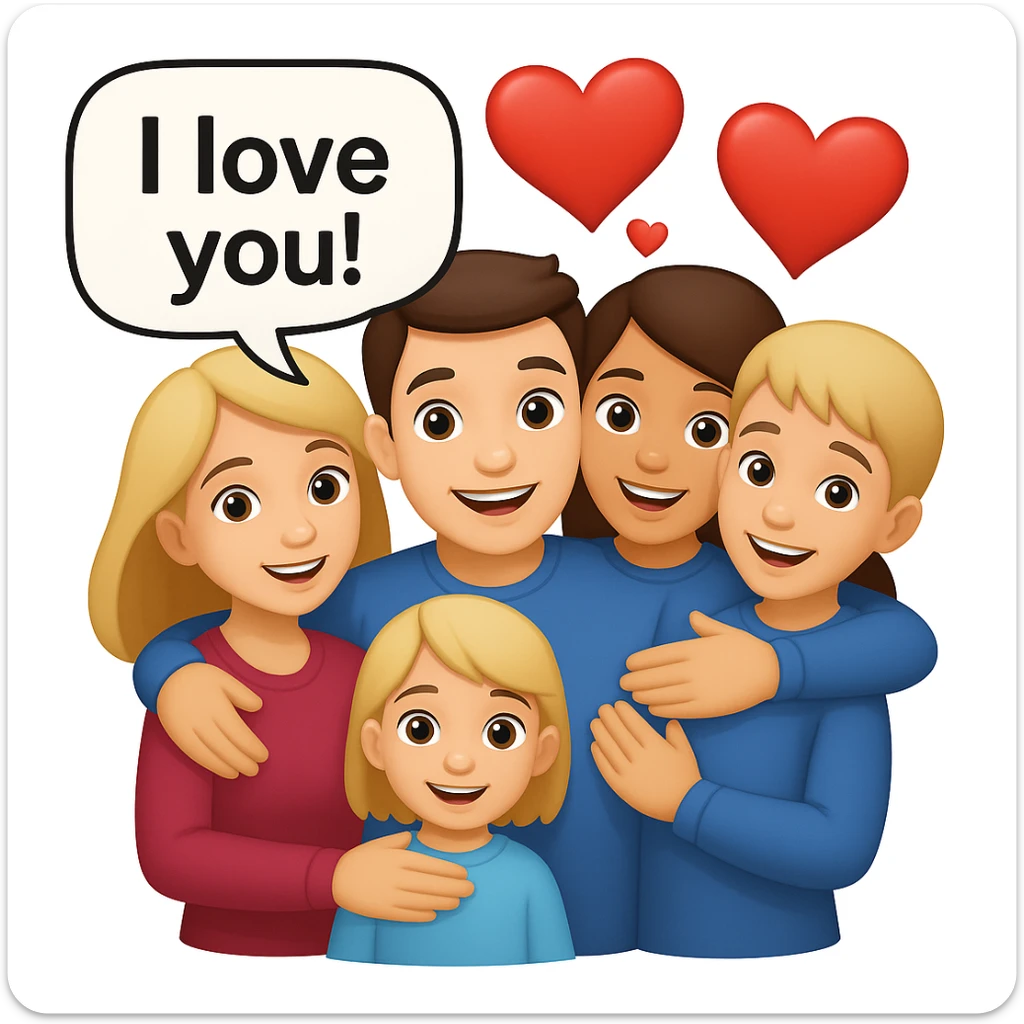 Add a speech bubble with the greeting 'I love you!' to the image, keeping the emoji style cheerful and expressive sticker