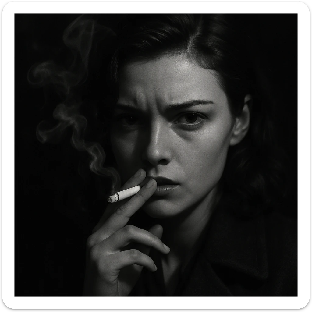 a girl smoking, noir style, close-up, intense gaze, cigarette smoke swirling in the dark sticker