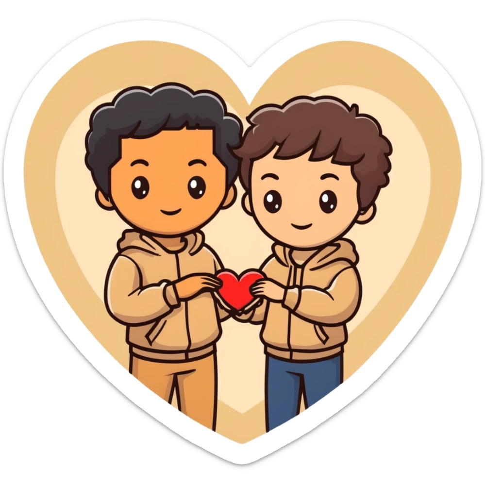 A couple with dark brown hair and mixed skin tone inside a white heart, both wearing beige clothes sticker