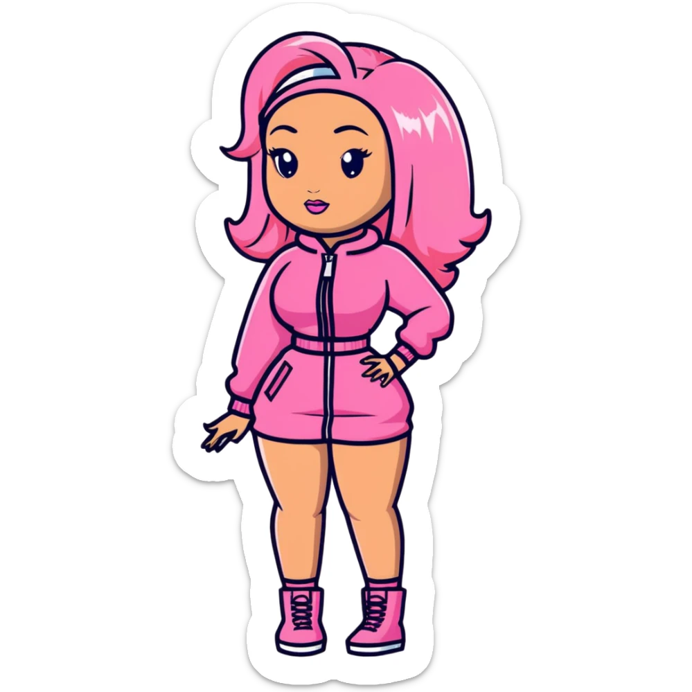 Nicki Minaj wearing a pink outfit with blonde and pink hair sticker