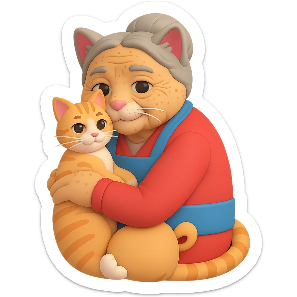 Make the grandmother look older with more wrinkles, gray hair, and age spots in a 3D emoji style. She is holding one cat. The background should be transparent with no background. sticker