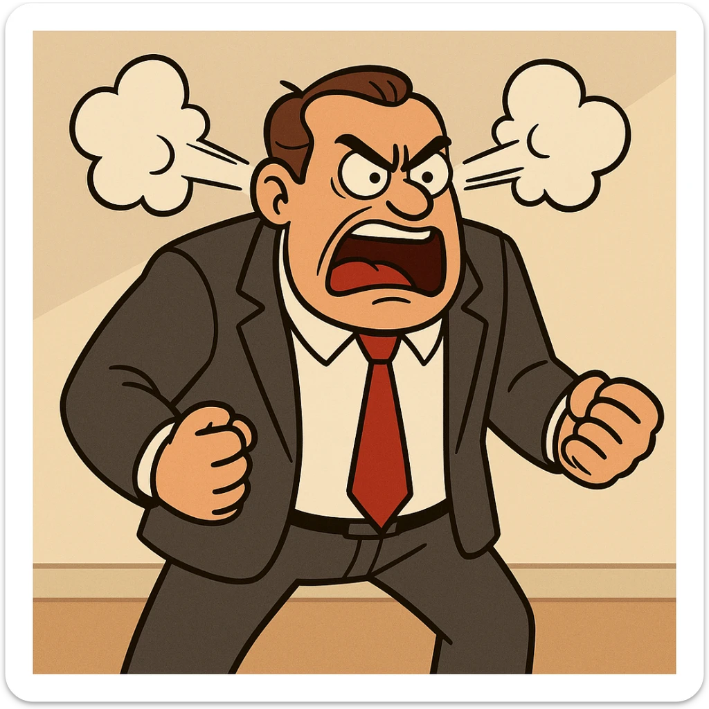 enraged male boss, business suit, steam coming from ears, cartoonish, dramatic pose sticker