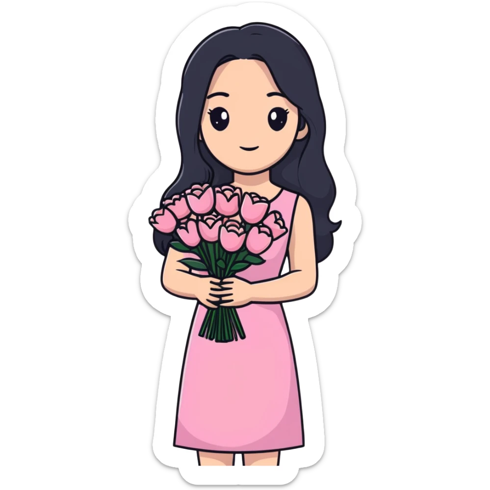 beautiful young woman with long black hair, fair skin, wearing pink dress and holding a bouquet of flowers sticker