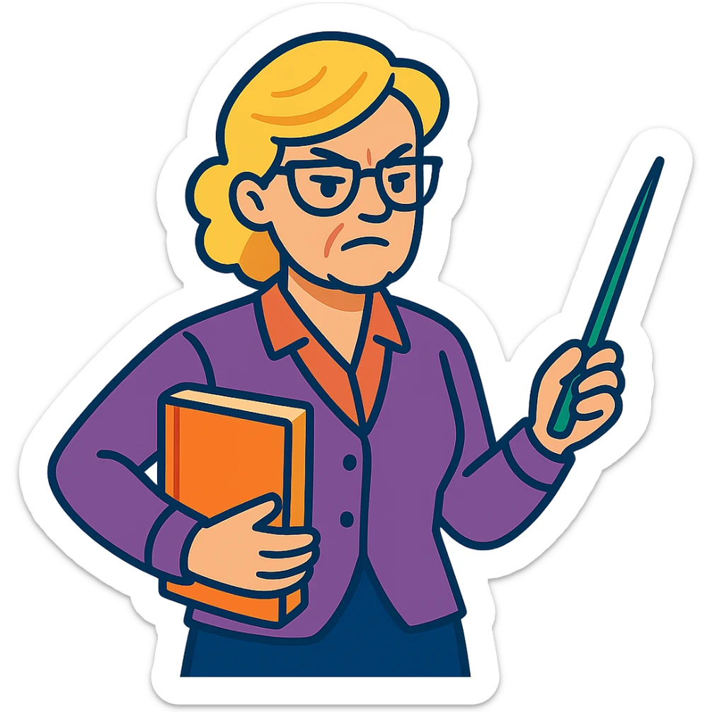 strict and fair senior category math teacher, blonde woman with glasses, vibrant toon style sticker