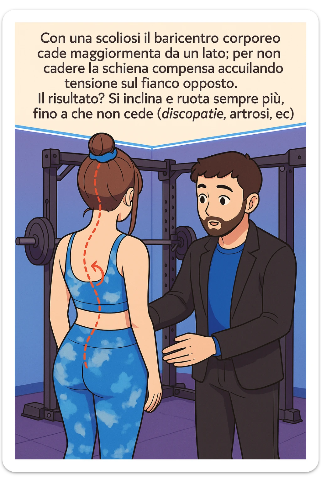 fai questa immagine in versione manga/webtoon a colori con stile di disegno carino e moderno, il manga mostra la donna di spalle, mentre l'uomo le tocca la spina dorsale per spiegarle come funziona la scoliosi:
Con una scoliosi il baricentro corporeo cade maggiormente da un lato; per non cadere la schiena compensa accumulando tensione sul fianco opposto.
Il risultato? Si inclina e ruota sempre più, fino a che non cede (discopatie, artrosi, ecc) sticker
