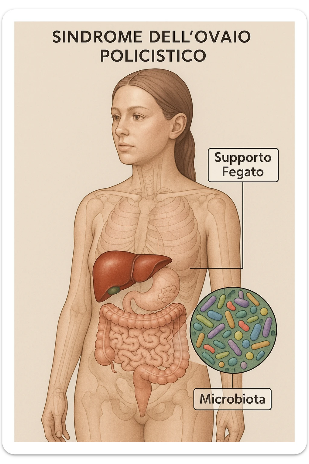 donna con supporto fegato e microbiota in 3D immagine medica donna pcos in italiano  sticker
