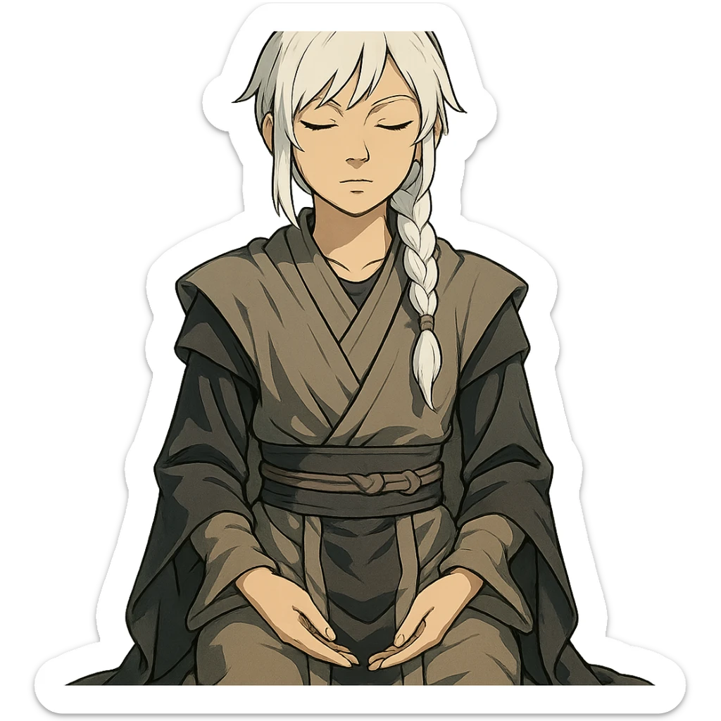  a closeup portrait of young woman with gold yellow eyes, white hair, long braid, black off-shoulder top, punk gothic style, futuristic cyberwave cyberpunk,  jedi attire, kneeling and gathering chi, jedi meditate, eyes closed hands at full rest. original republic jedi robes padawan sticker