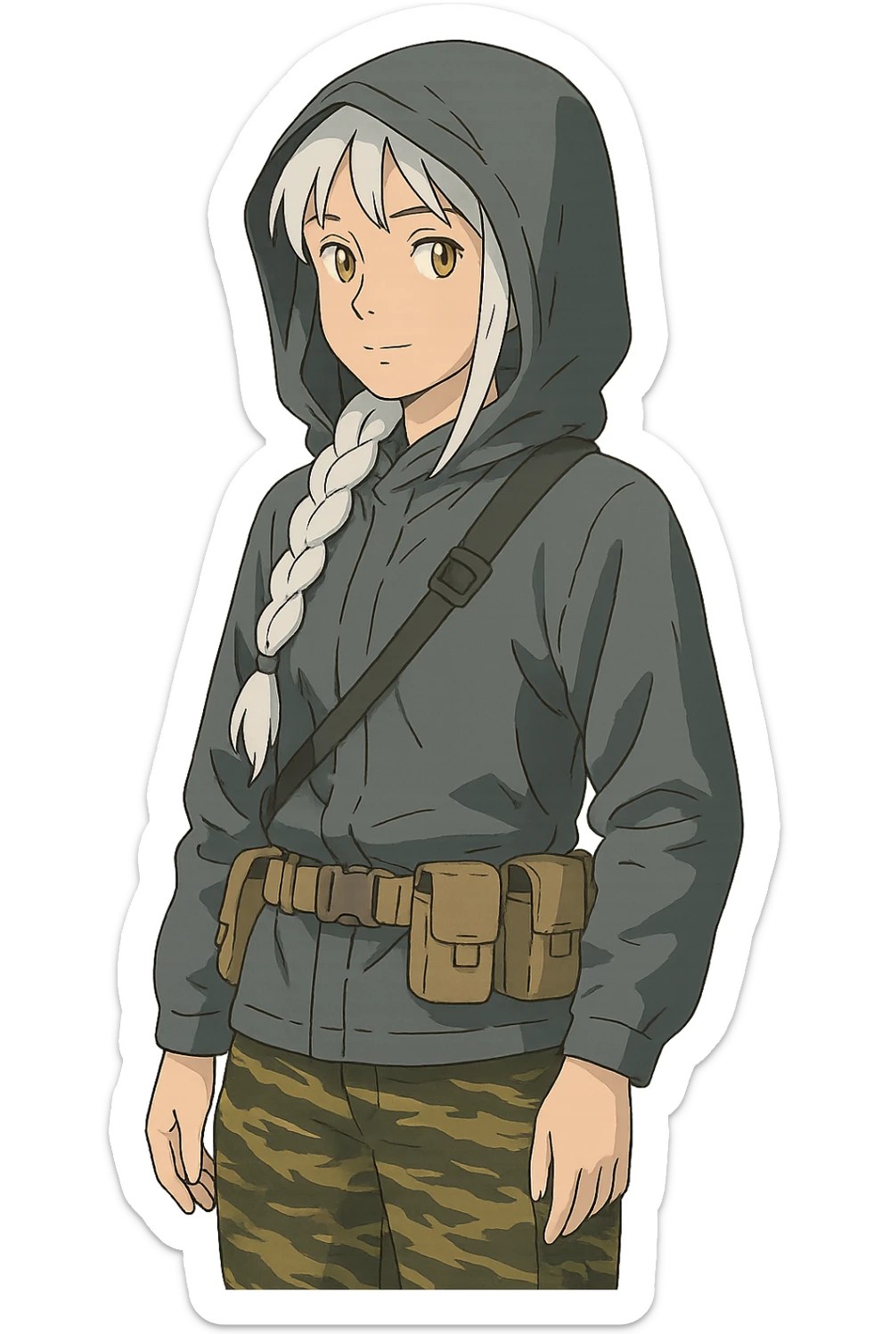 1 female, mid-20's  white hair long braid, gold yellow eyes, gray waterproof tactical shirt hoodie, hood up, single point sling, tan mag pouches on belt rig, tiger stripe camo pants,  sticker