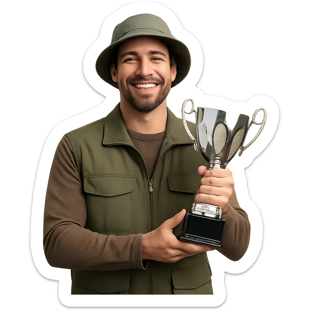 a male fisherman with a trophy cup, smiling, wearing a fishing hat sticker