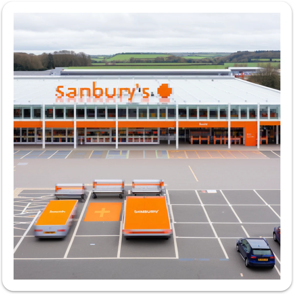 Isometric view of a Sainsbury's supermarket building with orange signage, large glass entrance, shopping trolleys, and car park with parent-child parking spaces sticker