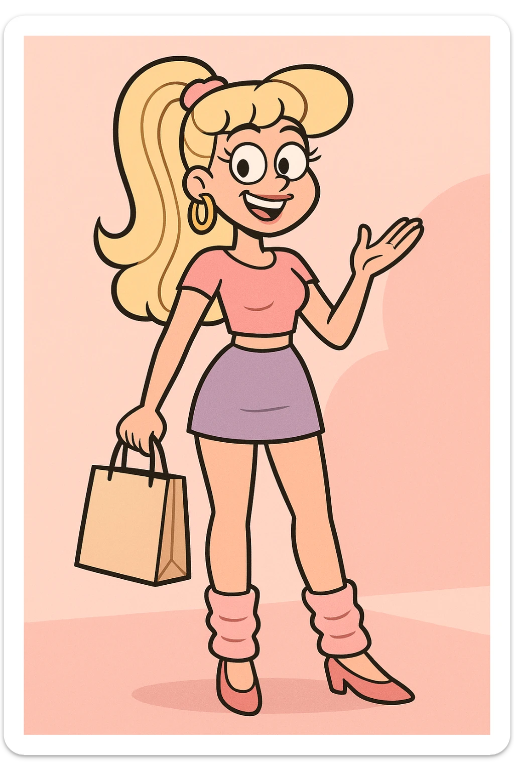 valley girl holding a shopping bag, wearing crop top, miniskirt, leg warmers, confident bubbly smile sticker