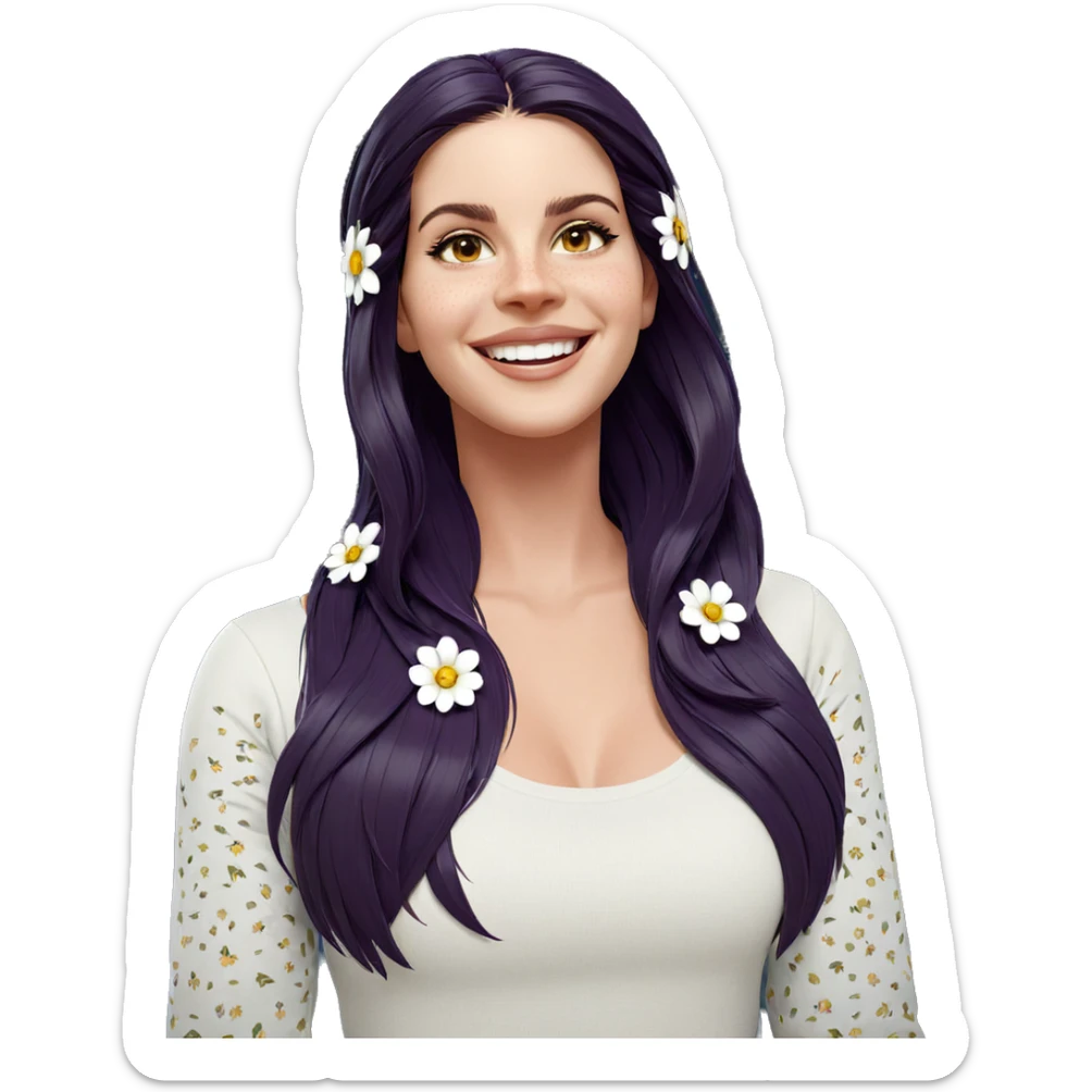 smiling girl with flower hair sticker