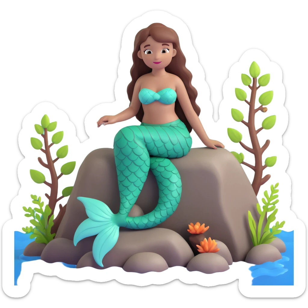 mermaid emoji with chestnut brown hair and a forest green tail, sitting on a rock sticker