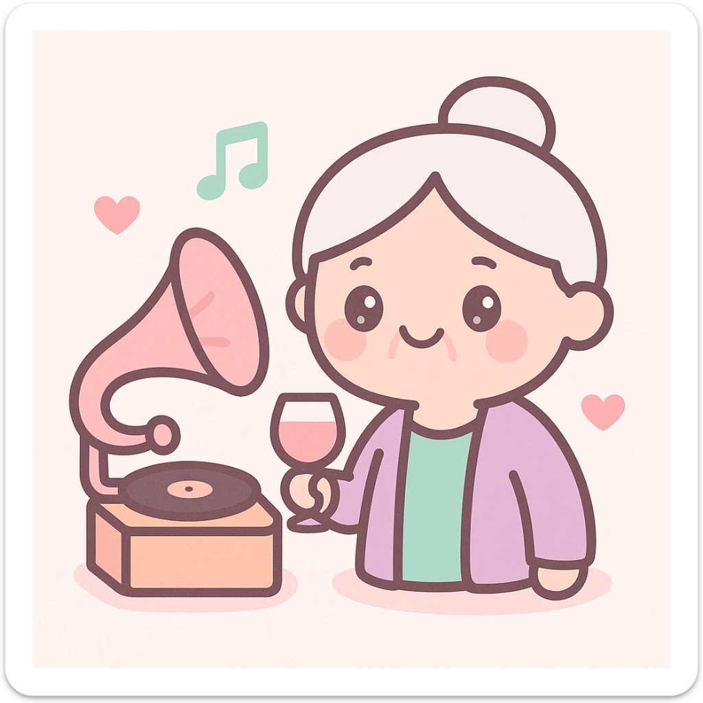 old lady with wineglass listening to gramophone sticker