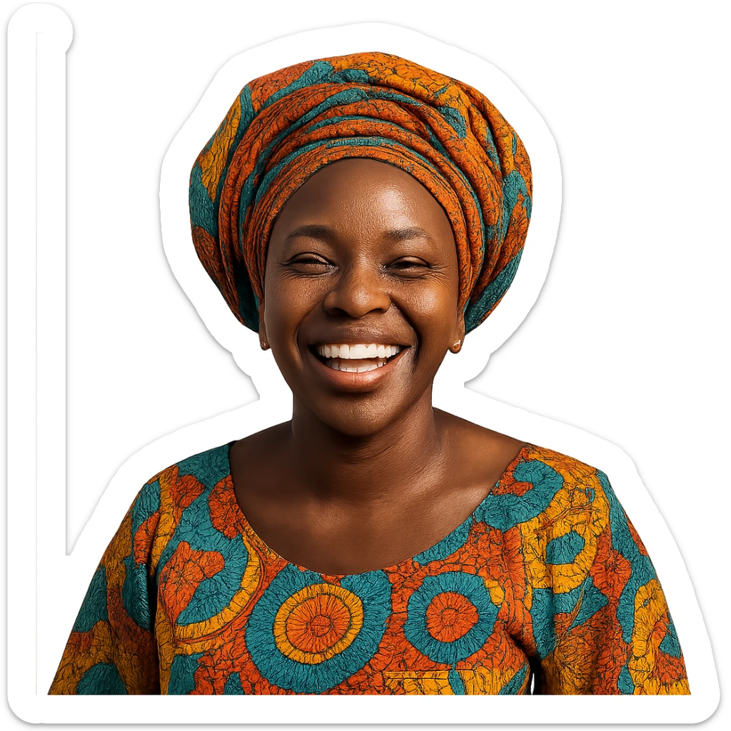 a Nigerian Black woman smiling with headwrap, colorful attire, joyful, clear background sticker