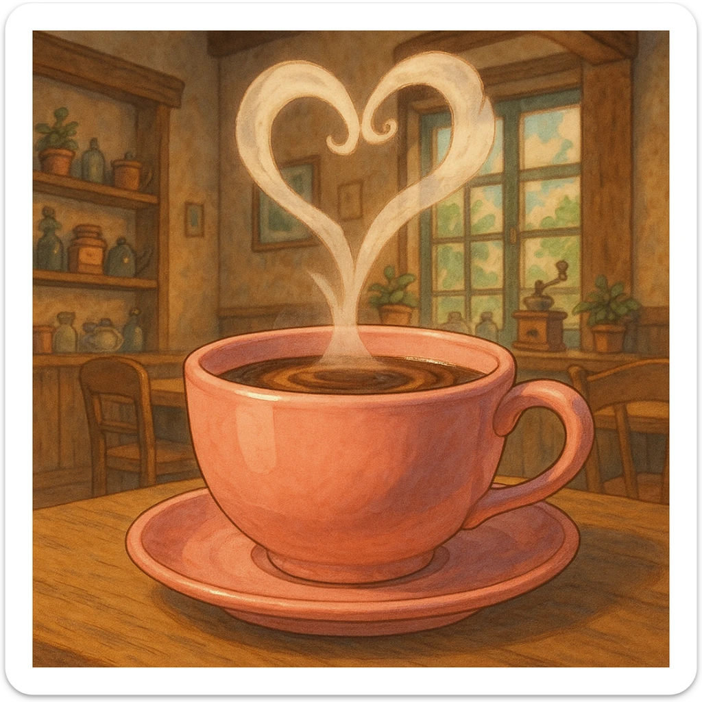 a pink mocha with steam forming a heart, cute and inviting, in Ghibli style sticker