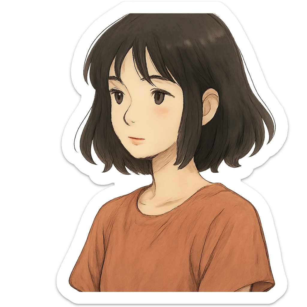 aesthetic girl with black hair, ghibli-inspired, gentle lighting sticker