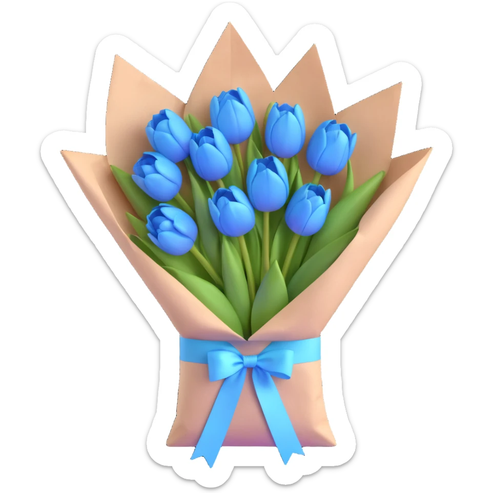 blue tulips bouquet in a crisp white paper bag, tied with a pastel blue ribbon, soft blue pastel palette, subtle shadows, minimal and clean, 3D iOS emoji style sticker