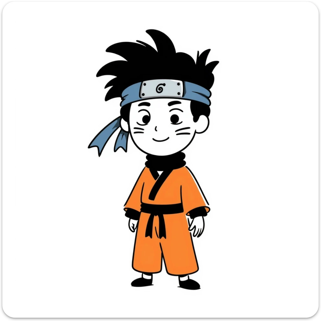 A blonde ninja boy with spiky hair, whisker marks on cheeks, orange outfit, and blue headband with metal plate sticker