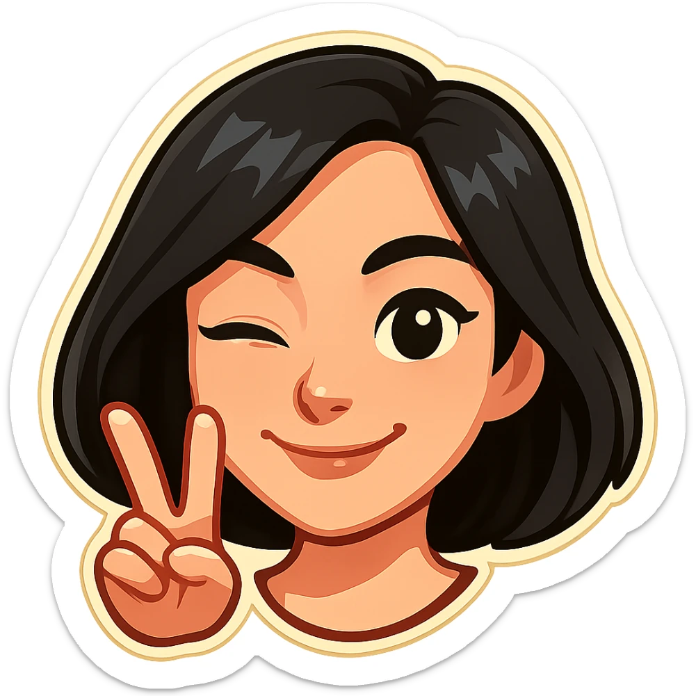 Make the girl's head extremely cute and beautiful in the style of classic Telegram stickers: neat facial features, resembling Samsung Sam, pale skin, head only without neck, white background. The girl is smiling, winking (one eye open, the other closed), showing a V (peace) sign with fingers. Clean, bright, cartoon style suitable for a Telegram bot profile. sticker
