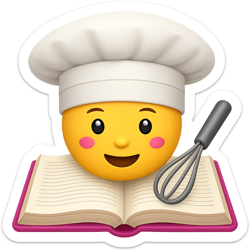 Create an emoji style image of a chef hat on top of a cookbook with a whisk. The style should resemble apple style emojis with clear, concise details and vibrant colors. sticker