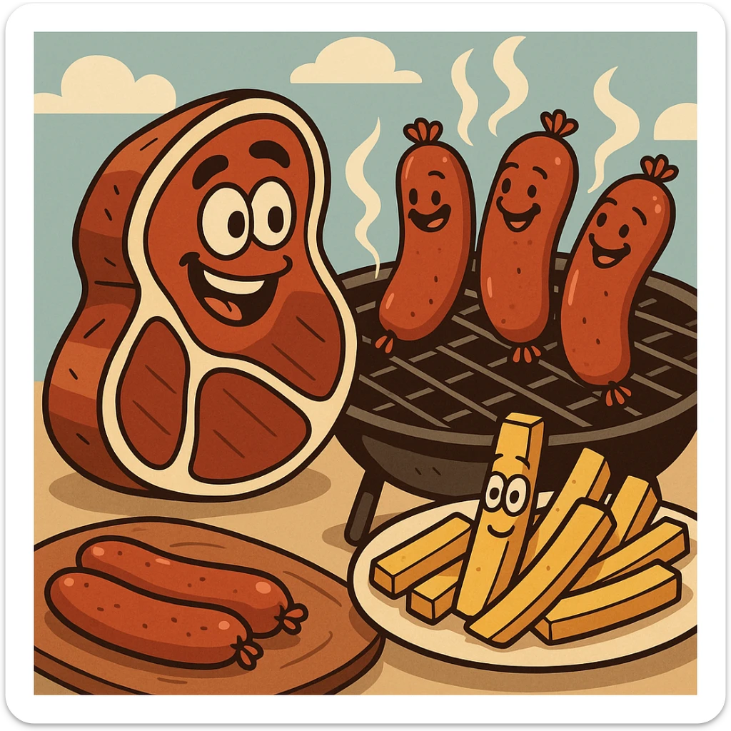 beef sirloin steak sausages on a bbq french fries potato plates   sticker